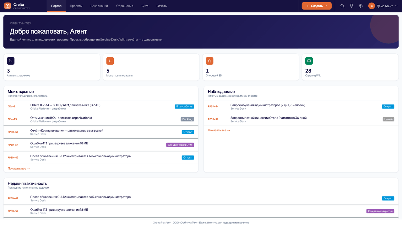 Главный экран Orbita Platform